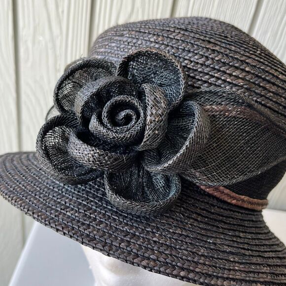 Betmar New York Black Straw Hat Wide Brim Rose Accent Church Derby Tea - Picture 5 of 13